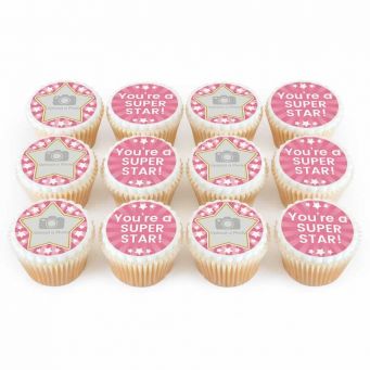 12 Pink Star Photo Cupcakes
