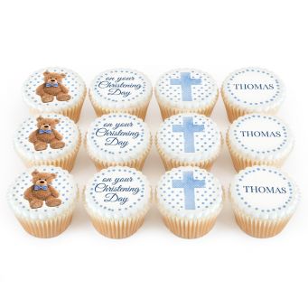 12 Blue Teddy Christening Cupcakes 