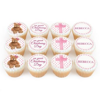 12 Pink Teddy Christening Cupcakes